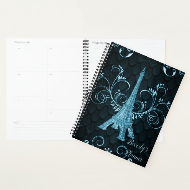 Agenda Torre Eiffel Blue Floral Swirls Planner (Demostración)