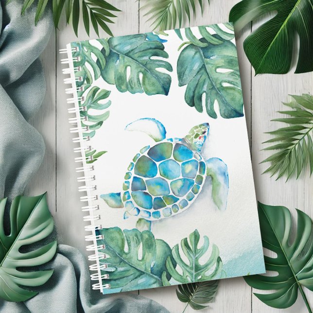 Agenda Tortuga acuática tropical (Planner features watercolor sea turtle and tropical monstera palm leaf art by Victoria Grigaliunas)