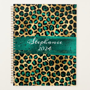 Agenda Trazo de pincel de leopardo de oro y verde turques