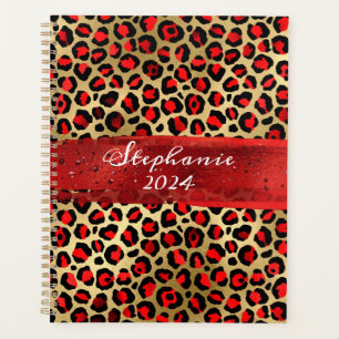 Agenda Trazo de pincel leopardo de papel de aluminio rojo