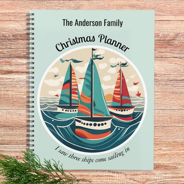 Agenda Tres barcos Navidades de estilo náutico festivo (A spiral-bound Christmas planner with 'I Saw Three Ships' design in turquoise and orange colors)