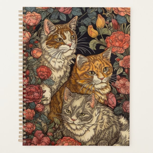Agenda Tres gatos de estilo Art Nouveau con flores (Anverso)