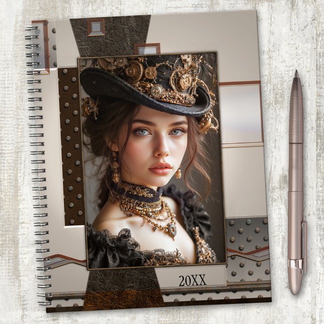 Agenda Tu foto industrial metálica Steampunk (Elegant planner featuring your custom photo framed by a steampunk artistic industrial design)