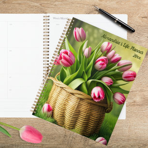 Agenda Tulipanes rosados en cesta campestre