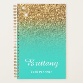 Agenda Turquesa Dorado Glitter Ombre Personalizado