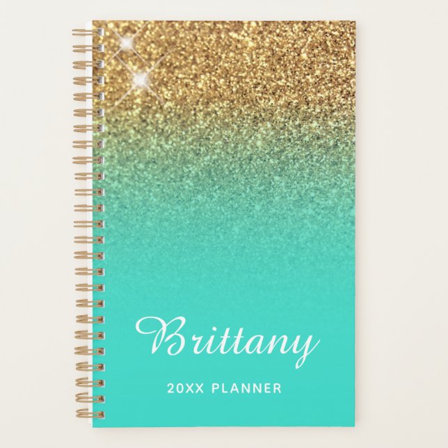 Agenda Turquesa Dorado Glitter Ombre Personalizado (Anverso)