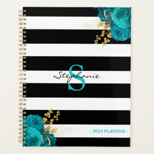 Agenda Turquesa Oro Floral Monograma Rayas Negras 2024