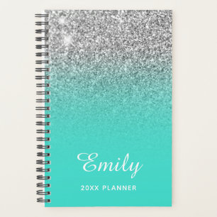 Agenda Turquesa Plata Brillo Ombre Personalizado