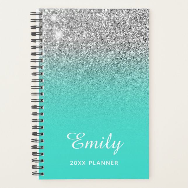 Agenda Turquesa Plata Brillo Ombre Personalizado (Anverso)