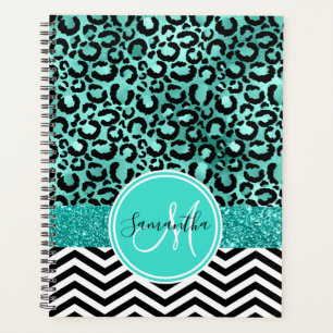 Agenda Turquesa Verde Azul Falso Brillo Estampado Leopard