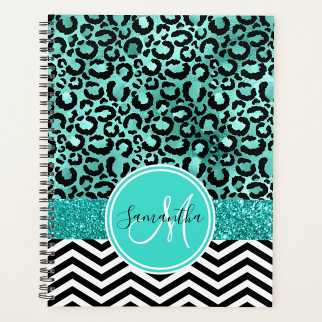 Agenda Turquesa Verde Azul Falso Brillo Estampado Leopard (Anverso)