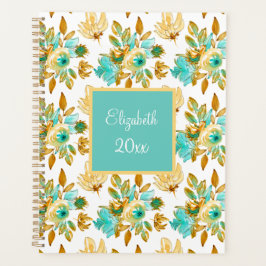 Agenda Turquesa y Floral Dorado Personalizado