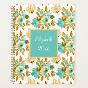Agenda Turquesa y Floral Dorado Personalizado