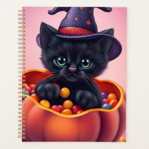 Agenda Un gatito negro de Halloween con calabaza