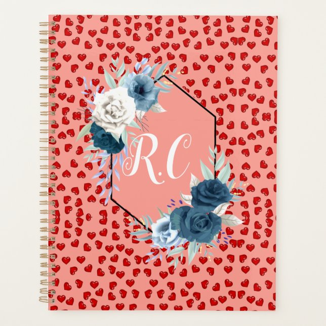 Agenda unique Red hearts on pink and pattern Custom (Anverso)