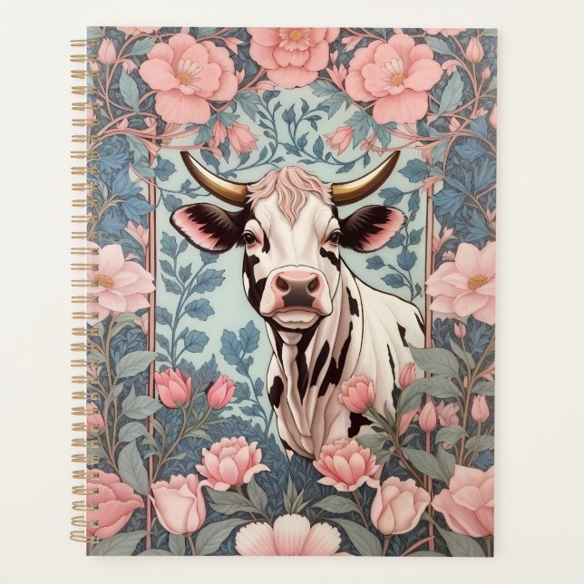 Agenda Vaca dulce con fondo floral rosado (Anverso)