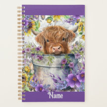 Vaca Hiland personalizada con flores moradas