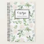 Agenda Vegetación acuarela y patrón de flores blancas<br><div class="desc">Escribe tus planes y horarios con este cuaderno de vegetación. Cuenta con ilustraciones acuáticos de flores blancas,  eucaliptos y otros follajes. Personalice agregando su nombre o frase corta. Este planificador floral será perfecto como un regalo personalizado. Los elementos coincidentes están disponibles.</div>