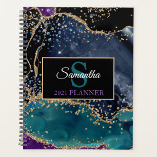 Agenda Verde azulado Black Gold Agate Monograma Lujo mode