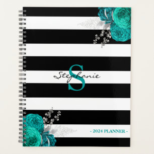 Agenda Verde azulado Plata Floral Monograma Bandas negras