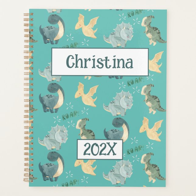 Agenda Verde claro personalizado de dinosaurio lindo 2024 (Anverso)