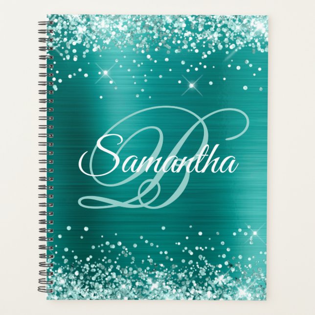 Agenda Verde Espuma de Mar Brillo Teal Foil Monograma (Anverso)