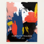 Agenda Vermillión de negro y marina - Abstract Watercolor<br><div class="desc">Planner de espiral de moda con fuentes blancas contra salpicaduras y brochas precipitadas de color de agua en azul marino,  rosa rubor,  vermillón,  negro y blanco.</div>
