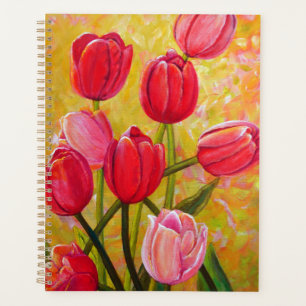 Agenda Vida con pintura rosada y roja de tulipanes
