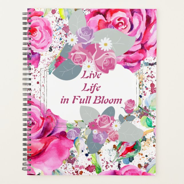 Agenda Vida en vivo en Pleno Bloom Pink Floral Planner (Anverso)