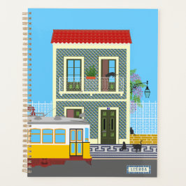 Agenda Vieja casa de Lisboa con gatos y tranvía amarillo