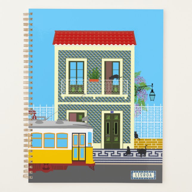 Agenda Vieja casa de Lisboa con gatos y tranvía amarillo (Anverso)