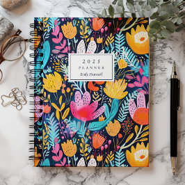 Agenda Vívida Mano Pintada Floral Turquesa Monograma 2025