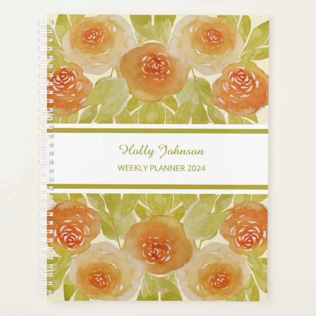 Agenda Watercolor Apricot Rosas Floral Weekly Planner (Anverso)