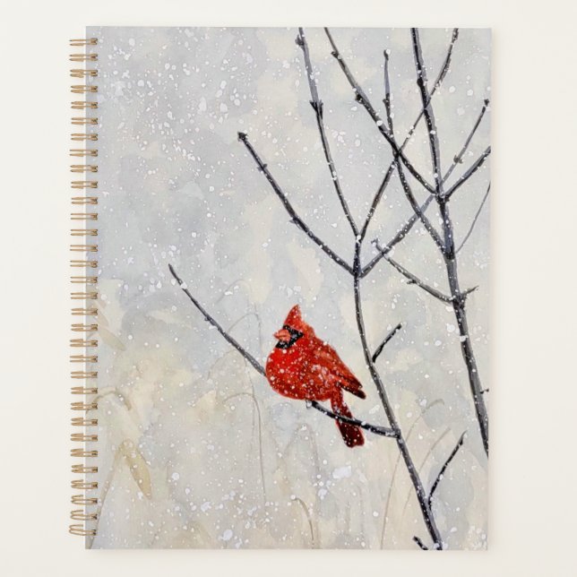 Agenda watercolor art planner, cardinal and snow (Anverso)