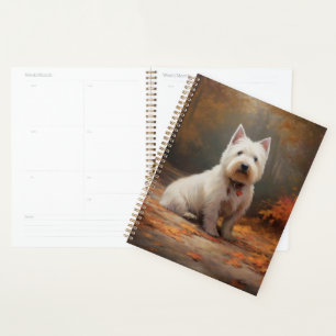 Agenda West Highland White Terrier en hojas de otoño caíd