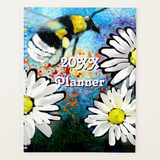 Agenda Whimsical Bee Daisies Daisy Flor Azul Blanco (Anverso)