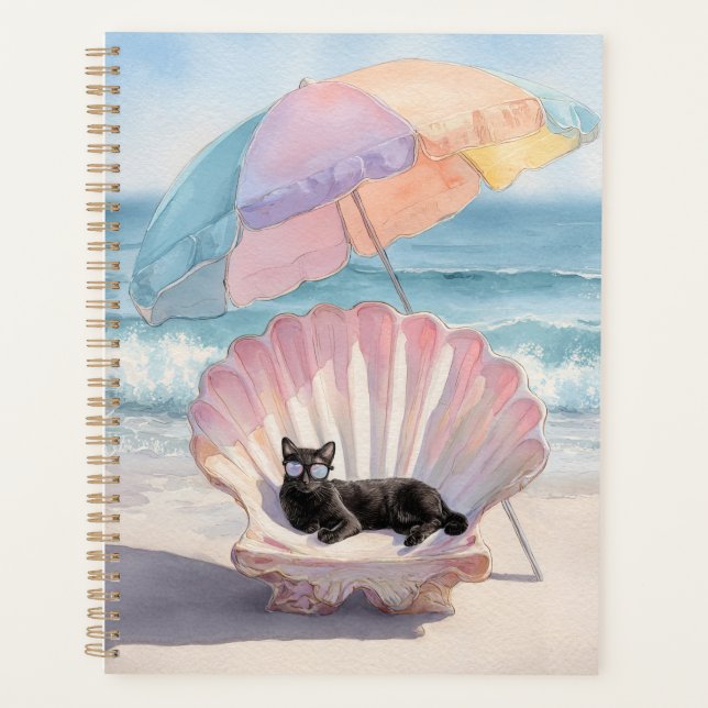 Agenda Whimsical Black Cat Beach Planner (Anverso)
