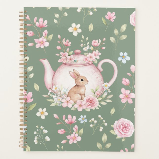 Agenda Whimsical Bunny Teapot Floral Spring Notebook (Anverso)