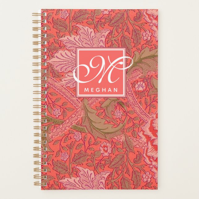Agenda William Morris - Patrón floral rosado y monograma (Anverso)