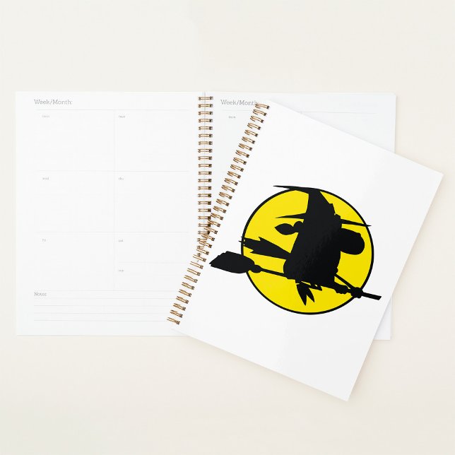 Agenda Witch Silhouette Flying on Broom Against Full Moon (Subido por el creador)