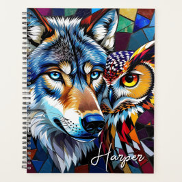 Agenda Wolf and Owl Vibrant and Colorful Personalized 