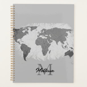 Agenda World Map Monograma Nombre de viajero Gris blanco