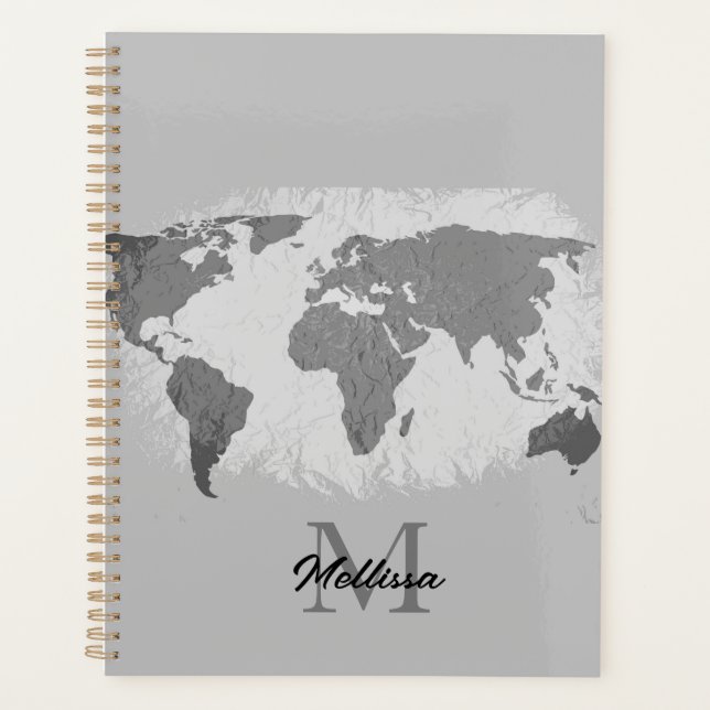 Agenda World Map Monograma Nombre de viajero Gris blanco  (Anverso)
