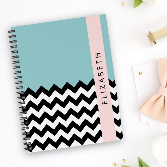 Agenda Zigzag negro y blanco, chevron, azul, tu nombre (Subido por el creador)
