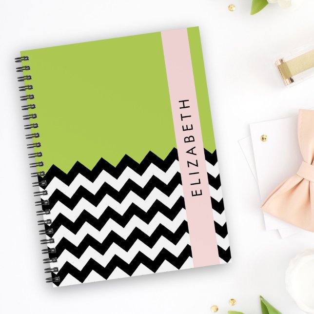 Agenda Zigzag negro y blanco, chevron, verde, tu nombre (Subido por el creador)