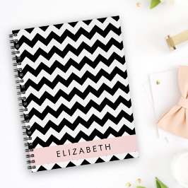 Agenda Zigzag negro y blanco, patrón de cheurón, nombre