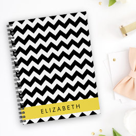 Agenda Zigzag negro y blanco, patrón de cheurón, nombre