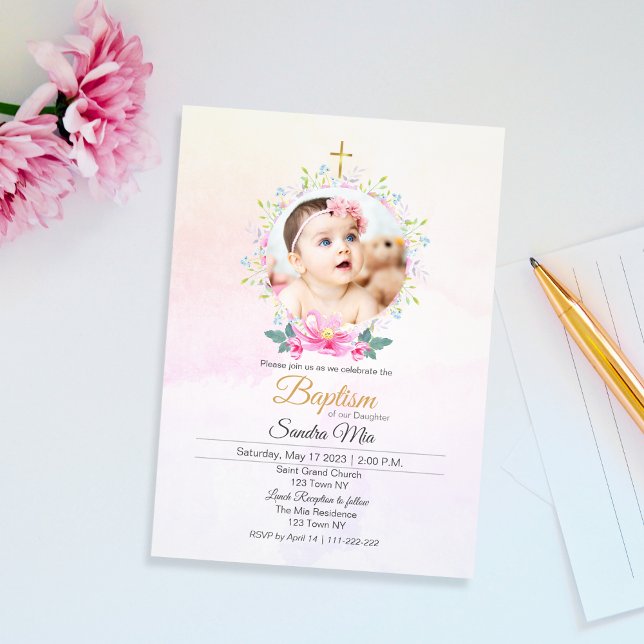 Agradable floral rosa con invitación al bautismo d (Lovely Pink Floral with Photo Baptism Invitation)