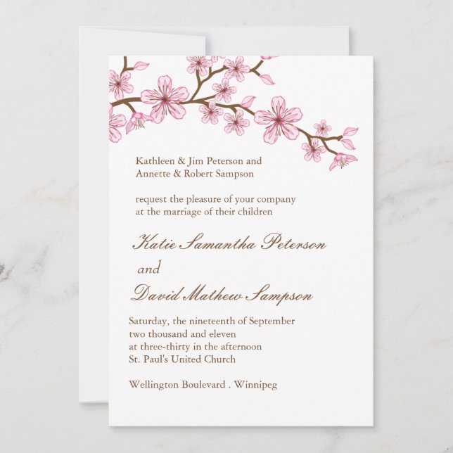 Agradable invitación a bodas con flores rosas (Anverso)