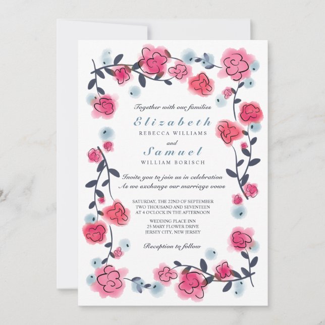 Agradable invitación a casar con rosas rosadas (Anverso)